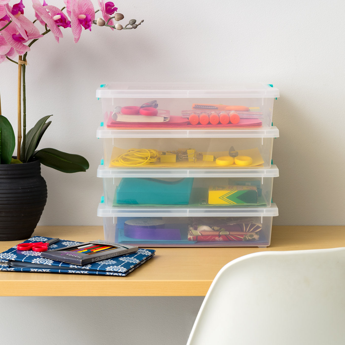 Storage-Bins with Lids, File Clip-Box, Organization and Storage Container for Office, School, Kids room, Craft room, 6 Qt, Clear/Seafoam Blue, 4 Pack - IRIS USA, Inc.