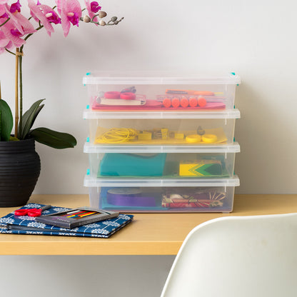 Storage-Bins with Lids, File Clip-Box, Organization and Storage Container for Office, School, Kids room, Craft room, 6 Qt, Clear/Seafoam Blue, 4 Pack - IRIS USA, Inc.