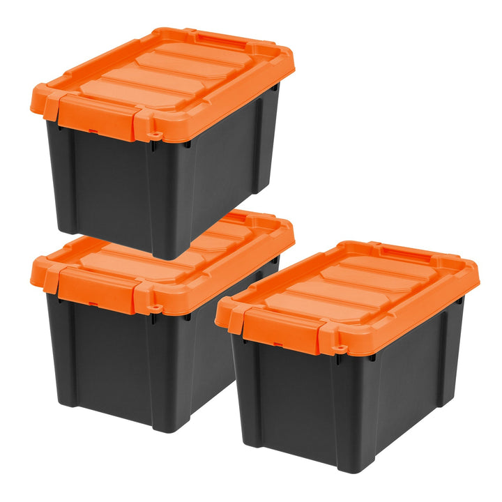 5 Gallon Store-It-All Tote, 3 Pack, Black bottom with Orange lid and buckles - IRIS USA, Inc.